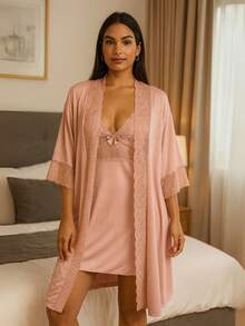Women's Sensual Nightgown With Bow And Lace Details + Microfiber Robe With Lace PAULA. - 乾枯玫瑰色 - 查看 1