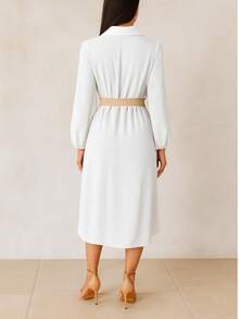 Vestido camisero midi de tela fresca, cómodo y versátil (casual o formal), con botones frontales, cinturón ajustable con hebilla, mangas largas con elástico en puños - Blanco - Ver 2