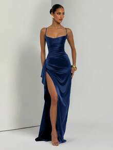 优雅性感缎面荷叶边修腰派对礼服、伴娘服、礼服