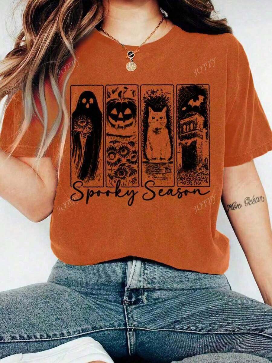 Nightmare Before Christmas, Halloween Clothes, Women Halloween Costumes, Women Halloween Costumes, Women Halloween Costumes, Halloween T-Shirt Autumn Ghost Pattern Women Casual Round Neck Short Sleeve T-ShirtCómodo Y Transpirable - 橘色 - 查看 1