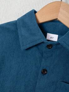 2 件套年轻男孩街头休闲纯色灯芯绒字母刺绣口袋长袖衬衫和纯色裤子套装，适合日常聚会、度假和户外活动 - 水鴨藍 - 查看 3