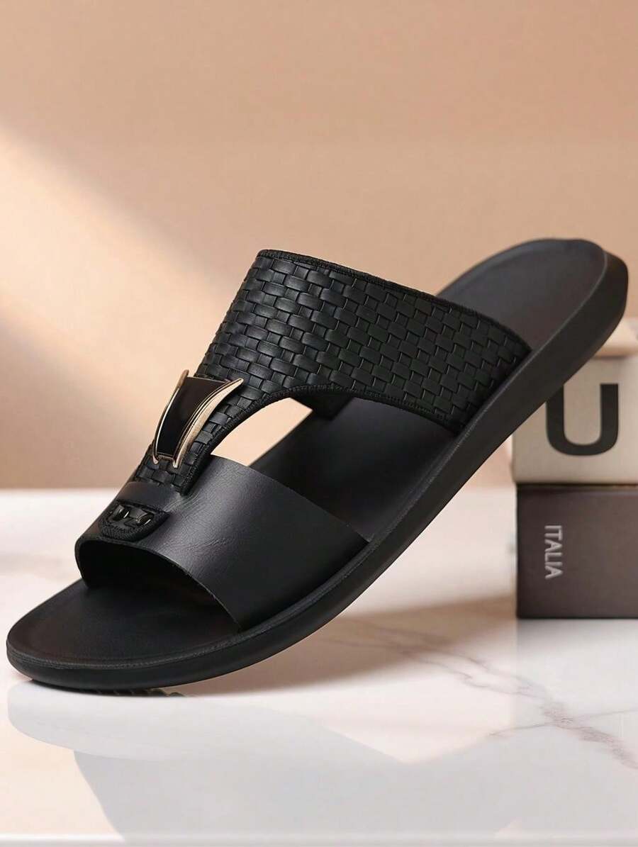 Men's Faux Leather Woven Slide Sandals - Two-Tone Straps, Metal Accent & Cutout Detail, Lightweight Comfort Footwear For Daily Casual, Beach & Poolside Wear - 黑色 - 查看 1