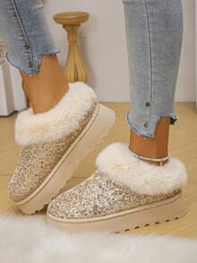 1 Pair Fashionable Fluffy Lined Slip-On Thick Sole Warm House Slippers, Suitable For Teenagers, Autumn/Winter