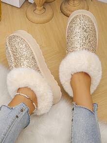 1 Pair Fashionable Fluffy Lined Slip-On Thick Sole Warm House Slippers, Suitable For Teenagers, Autumn/Winter