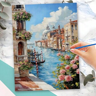 DIY Painting By Number Seaside Landscape Town Art Drawing By Number River House Kits Craft Kit For Adults 40x50cm/16x20inch Without Frame Wall Decoration Gift