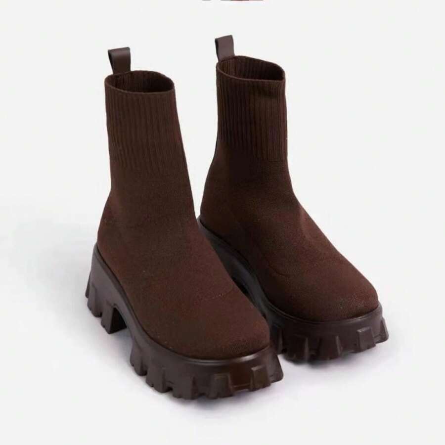 Winter Warm Ankle Boots For Women Woven Knit Sock Chunky Heel Indoor Outdoor House Shoes - 咖啡棕 - 查看 1