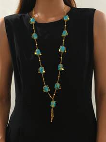 1pc Unique Design Faux Turquoise Beaded Necklace, Middle Eastern Style Pendant Choker Necklace For Women