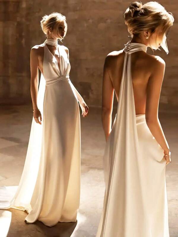 Basrey New Fashionable And Elegant Women's White Hanging Neck Deep V-Neck High Waist Slim Fit Backless Ribbon Cocktail Party Evening Dress Fishtail Skirt Long Dress Bridesmaid Dress, Suitable For Weddings, Parties, And Receptions