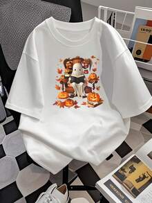 Camiseta con estampado de fantasmas de lectura otoñal para mujer. Bonito diseño espeluznante de temporada con calabazas y marrón. Una cómoda camiseta de algodón para amantes de la moda de Halloween y otoño. Talla extragrande. - Blanco - Ver 2