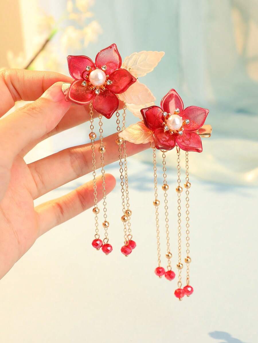 2个中国风石榴花流苏发夹，可爱甜美，女士礼物，适合日常休闲佩戴，发夹，发爪，发卡，发卡，发饰，头饰，发卡 - 紅色 - 查看 1