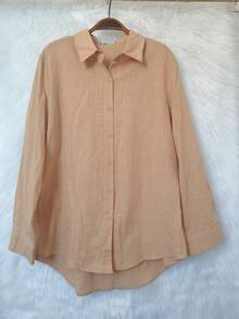Women's Long Sleeve Linen Shirt - Beige 2 - View 1