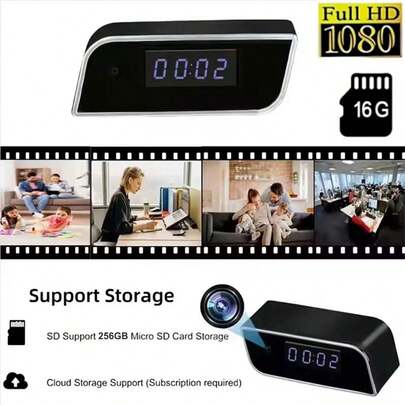 Minicámara 2 en 1, mini cámara inalámbrica con despertador, 120° HD 1080P, grabación en bucle, compatible con detección de movimiento remota, visión nocturna y monitoreo remoto. (Incluye tarjeta de memoria de 32 GB o 16 GB)