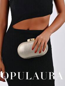 Túi cầm tay da sang trọng hình vỏ sò tối giản OpulAura dành cho nữ, Ví cầm tay dự tiệc sang trọng và quyến rũ, Túi xách lấp lánh cho tiệc tối trang trọng, Đám cưới lãng mạn, Có dây xích - Vàng - Xem 9