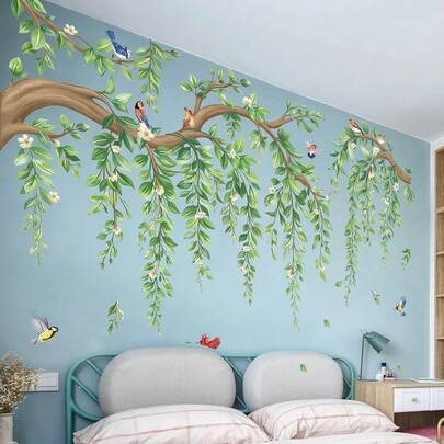 1 ชุด สติ๊กเกอร์ติดผนังลายกิ่งไม้ดอกไม้, สติ๊กเกอร์ติดผนังใบไม้สีเขียวและนก, เหมาะสำหรับห้องนอน, ห้องนั่งเล่น, โซฟา, ผนังพื้นหลังทีวีและการตกแต่งบ้านอื่น ๆ