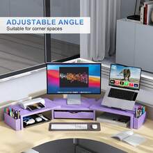 Soporte elevador para monitor dual, organizador de escritorio con cajón y 2 portaplumas, organizadores de escritorio y accesorios, decoración de oficina morada (morado) - blanco - Ver 3