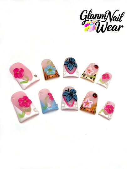 10 أظافر مصنوعة يدويًا بشكل منقار البط. الأزهار الملونة متشابكة مع أنماط جميلة، مليئة بالحلاوة، ومناسبة للأشخاص الذين يحبون الأنماط الحلوة. يحتوي كل مجموعة على 10 أظافر، وتوفر ثلاثة أحجام للاختيار، وتأتي مع مجموعة من الأدوات. إنها خيار مثالي للنساء والفتيات!