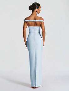 一件纯色露肩优雅修身飘逸鸡尾酒会连衣裙，适合婚礼、鸡尾酒会等场合。 - 淺藍色 - 查看 5