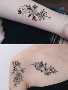 30 Creative Temporary Tattoo Stickers, Including Butterflies, Flowers, Foxes, Dolphins, Jellyfish, Wings, Feathers, Etc., Suitable For Both Men And Women, Realistic And Waterproof, Suitable For Arms, Face, Fingers, Neck, And Any Place You Want, - 黑色 - 查看 8