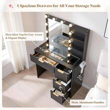 36.2" Fluted Vanity Desk With Mirror And Adjustable LED Lights, Large Makeup Vanity With 4 Drawers, Glass Top And Charging Station For Bedroom Or Dorm, Women And Girls, Black - 查看 9
