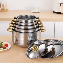 10 Pieces Stainless Steel Pot Set With Lid, Colorful Soup Pot Combination, 5-Piece Pot Set And 5-Piece Pot Lids, Cooking Pot, Soup Pot, Capped Pot Set, Boxed Pot Set, Cooking Pot Set, Kitchen Tools, Ideal Gift For Housewarming & New Apartment, Dinner For Thanksgiving, Halloween, Christmas, Family Gifts - Vàng - Xem 2