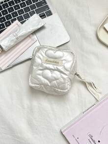 1个迷你绗缝化妆包，可爱蝴蝶结图案口红袋，心形图案化妆品收纳包，柔软面料卫生巾收纳袋，带拉链的少女零钱包，便携式零钱包钥匙扣，小物件收纳袋，旅行卫生巾收纳袋，女士化妆包，非常适合收纳化妆品和护肤品、文具，返校礼物，周年纪念礼物