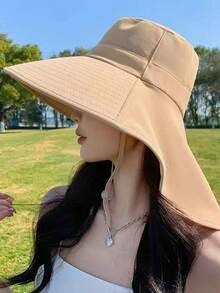 1pc New Neck-Protecting Sun Hat, Women's Sun, Face & UV Protection, Large Brim For Summer, Spring & Autumn Outdoor Bucket Hat, Suitable For Outdoor Sports & Gatherings, Solid Color Casual Polyester Fall