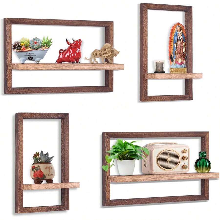 Mensole galleggianti in legno rustico - Set di 4 mensole quadrate da appendere a parete, mensole decorative montate per bagno, cucina, soggiorno, per archiviazione e esposizione