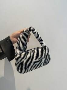 CHICVUE New Autumn/Winter Mini Fashionable Black & White Contrast Zebra Pattern Fluffy Shoulder Bag, Casual Tote Underarm Soft Fluffy Solid Color Handbag, New Arrival Fur Bag For Women Gifts - Black and White - View 3