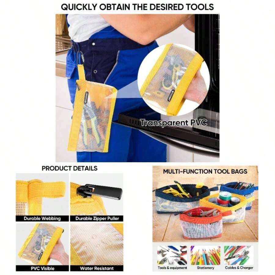LETINE 3-Pack Tool Pouches – 1680D Water-Resistant Oxford Zipper Bags With Carabiners, Extra-Wide Flat Bottom For Stand-Up Storage