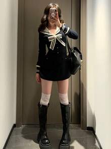 1 件海军蓝领子收腰长袖制服连衣裙，蝴蝶结装饰甜美性感迷你连衣裙，女子团体舞台表演和毕业服装 - 藏蓝色 - 查看 1