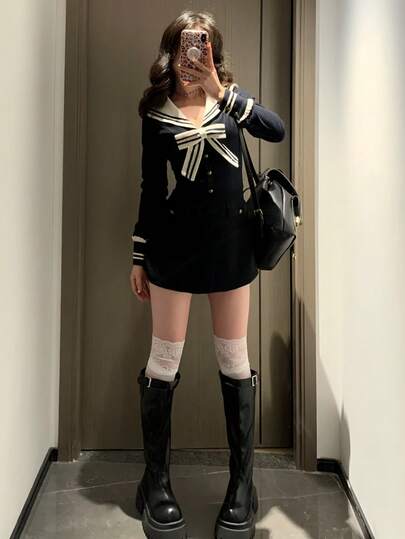1 件海军蓝领子收腰长袖制服连衣裙，蝴蝶结装饰甜美性感迷你连衣裙，女子团体舞台表演和毕业服装