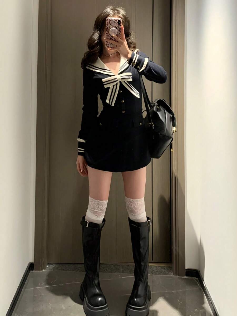 1 件海军蓝领子收腰长袖制服连衣裙,蝴蝶结装饰甜美性感迷你连衣裙,女子团体舞台表演和毕业服装 - 藏蓝色 - 查看 1