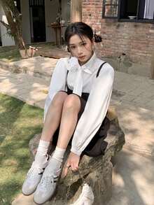 女士休闲蕾丝镂空领衬衫，优雅蝴蝶结长袖上衣，秋冬 - 白色 - 查看 3