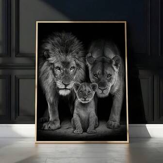 Impresión artística en lienzo de una familia de leones abstracta moderna, decoración de pared sin marco para sala de estar y dormitorio