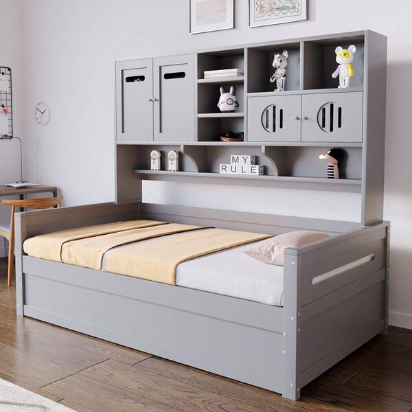 Sairedel Wooden Sofa Bed 90 X 200 Cm, Multifunctional Storage Space, Hydraulic Bed, Single Bed, Youth Bed, Bed Frame, Grey (Mattress Not Included)