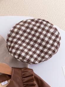 3 件套女婴春秋时尚飞行员夹克、褶皱格子裙和贝雷帽套装，适合日常、户外、上学、旅行和通勤 - 棕色 - 查看 3