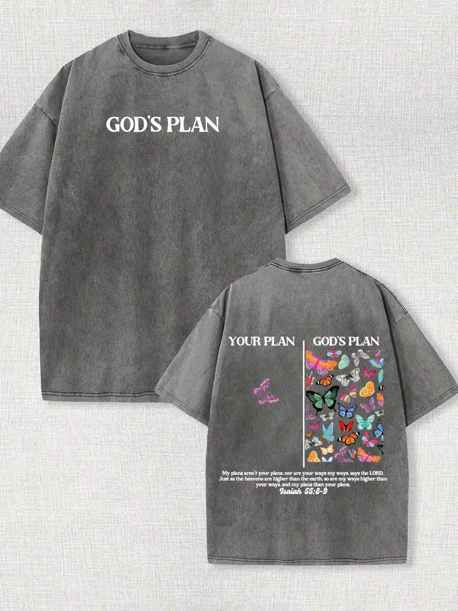 230g Double-Sided Water Wash, Your Plan Is God's Plan Printed T-Shirt, High-Quality Wax Printed Cotton Retro Fashion Brand T-Shirt, Men's T-Shirt, Beach Essential, Summer T-Shirt, Holiday Gift, Perfect Gift - Màu xám đen - Xem 1