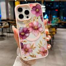 金メッキの花柄マカロン、磁気電話ケース付き、17/16E/16/15/14/13/12/11 Pro 16 Plus/16Eに適した携帯電話保護ケース、男性と女性に適しており、シンプルな個性、落下防止保護 - ピンク - チェックする 1