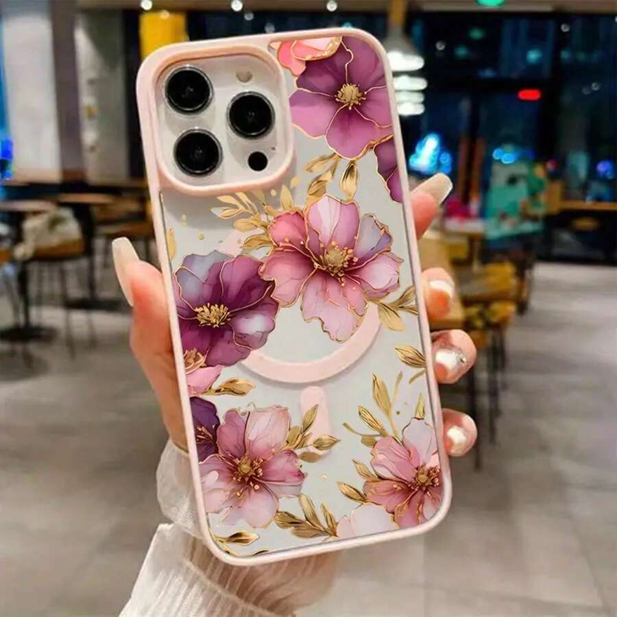 金メッキの花柄マカロン、磁気電話ケース付き、17/16E/16/15/14/13/12/11 Pro 16 Plus/16Eに適した携帯電話保護ケース、男性と女性に適しており、シンプルな個性、落下防止保護 - ピンク - チェックする 1