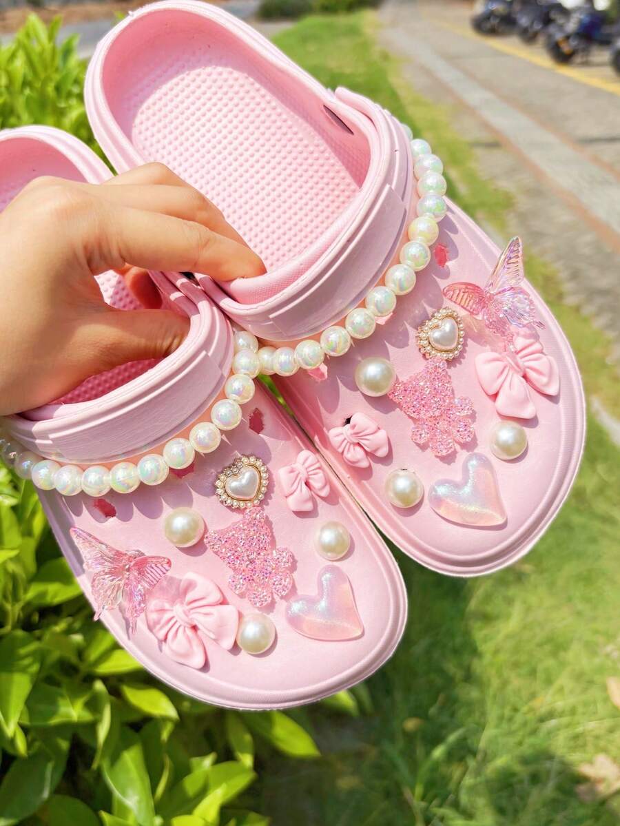 20 chiếc gấu hồng, bướm, trái tim, nơ trang trí, chuỗi ngọc trai màu be ABS phụ kiện tự làm, thích hợp cho dép xăng đan, dép lê, túi đi biển của phụ nữ làm kẹp giày đa năng, tuyệt vời làm quà tặng cho ngày lễ và tiệc sinh nhật - Hồng - Xem 1