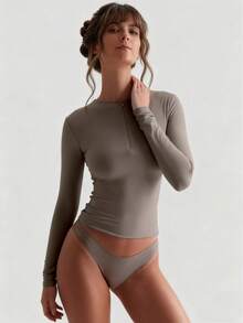 XLLAIS Women's Fashionable Zip Collar Solid Color Tight Fit T-Shirt, Stretchy Long Sleeve Casual Sports Top - Brown - View 6