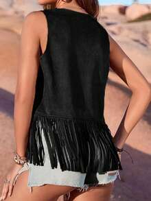 Women's Y2k Fringe Faux Suede Vest Casual Open Front Sleeveless Tassel Hippie Jacket Summer Vintage Cowgirl Waistcoat Streetwear