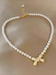 1 件简约设计优雅仿珍珠水钻猫眼珠链项链，百搭，适合女性日常佩戴、正式活动、送给女朋友、好朋友、生日的礼物 - 白 - 查看 12