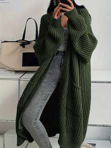 Áo len cardigan dệt kim tay dài cổ chữ V có túi cỡ lớn dành cho nữ - xanh quân đội - Xem 1