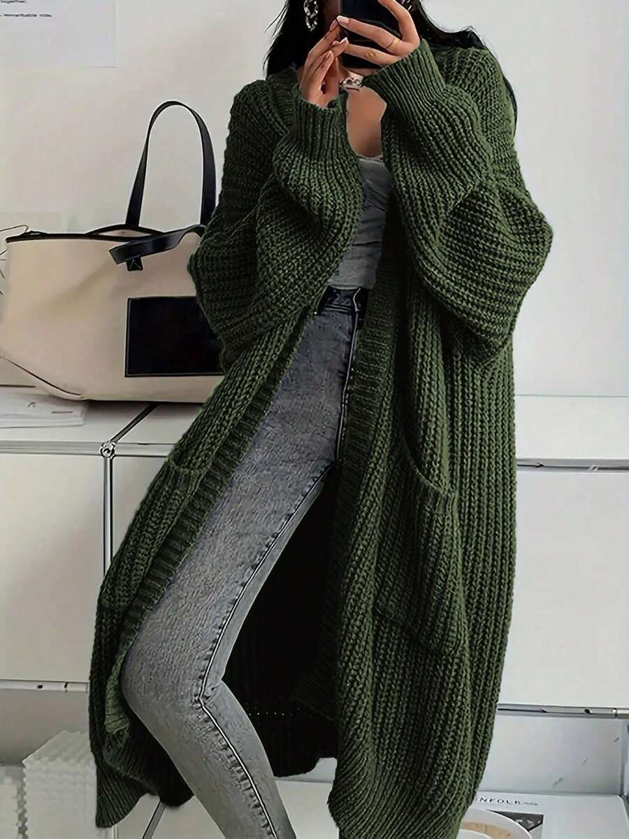 Áo len cardigan dệt kim tay dài cổ chữ V có túi cỡ lớn dành cho nữ - xanh quân đội - Xem 1