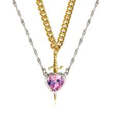 New One Stroke Through Heart Couple's Pendant Suit Love Inlaid Clavicle Chain Valentine's Day Necklace - 金色劍+銀色愛心(粉紅鑽) - 查看 13