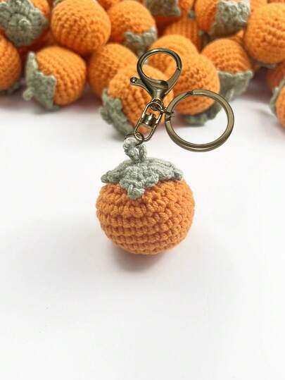 1 pieza Aplicación de caqui tejida a mano - Fruta de hilo naranja con hojas verdes para manualidades DIY, llaveros, suministros de ganchillo, dijes de fruta pequeños para accesorios de moda, adornos para ropa, bolsos, scrapbooking, joyería, proyectos de decoración del hogar, ideas de regalos artesanales, artículos esenciales para manualidades, pequeños adornos textiles, detalles bordados a mano opcionales (sin materiales adicionales)