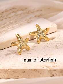 1/6 对时尚金贝壳、海星、五瓣花、心形、水滴形耳环套装，适合女性日常佩戴 - 金色 - 查看 12