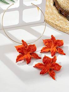 Bộ 3 chiếc/Bộ dây chuyền mặt hoa cỡ lớn bằng kim loại màu cam phong cách Bohemian thanh lịch, bộ trang sức hoa tai dành cho nữ, phù hợp để đeo hàng ngày và ngày lễ - trái cam - Xem 3