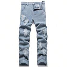 China-Chic High Street Cross Patch Jeans Male Hip Hop Ruffian Shuai Fried Street Straight Tube Loose Leg Pants - Màu xanh lam - Xem 6